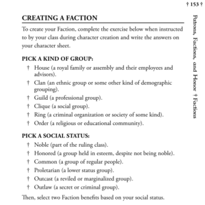 A screenshot from page 153 of the SCUP rulebook, for the "Creating a Faction" section.