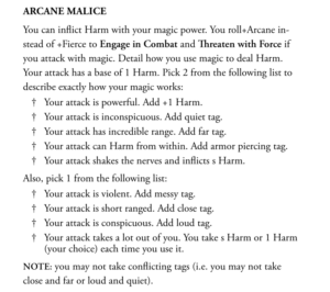 A screenshot from page 52 of the SCUP rulebook, describing the Move called Arcane Malice